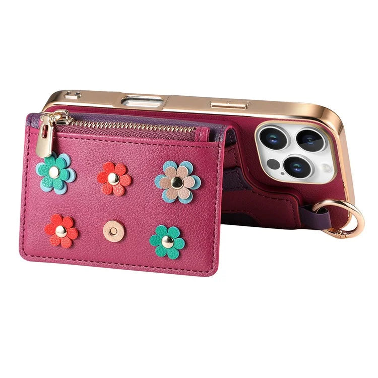 For iPhone 16 Pro Max Case Detachable Card Holder PU Leather+TPU Flower Aesthetic Phone Cover with Straps