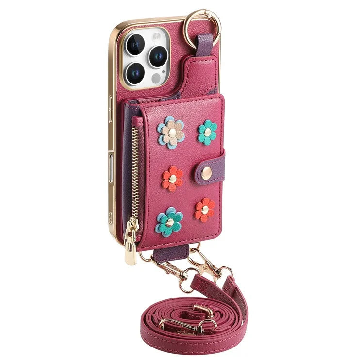 For iPhone 16 Pro Max Case Detachable Card Holder PU Leather+TPU Flower Aesthetic Phone Cover with Straps