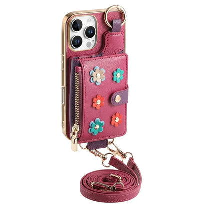 For iPhone 16 Pro Max Case Detachable Card Holder PU Leather+TPU Flower Aesthetic Phone Cover with Straps