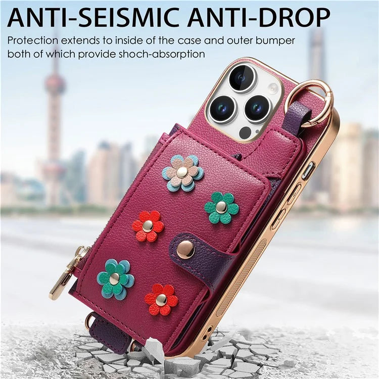 For iPhone 16 Pro Max Case Detachable Card Holder PU Leather+TPU Flower Aesthetic Phone Cover with Straps