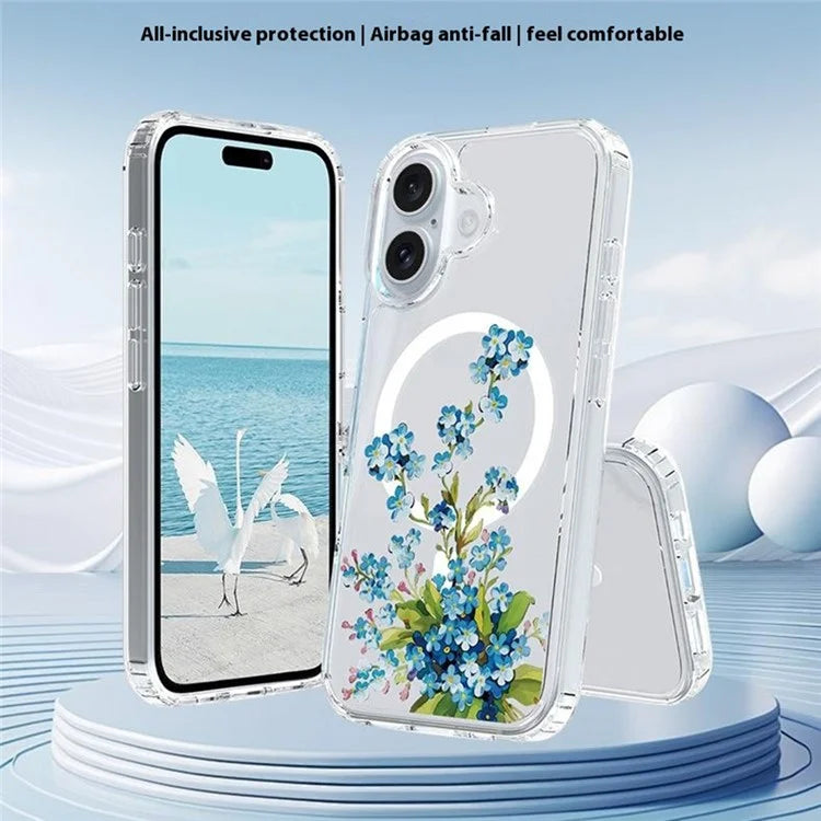 For iPhone 16 Plus Case Compatible with MagSafe Flower Pattern Printing TPU+PC Phone Cover