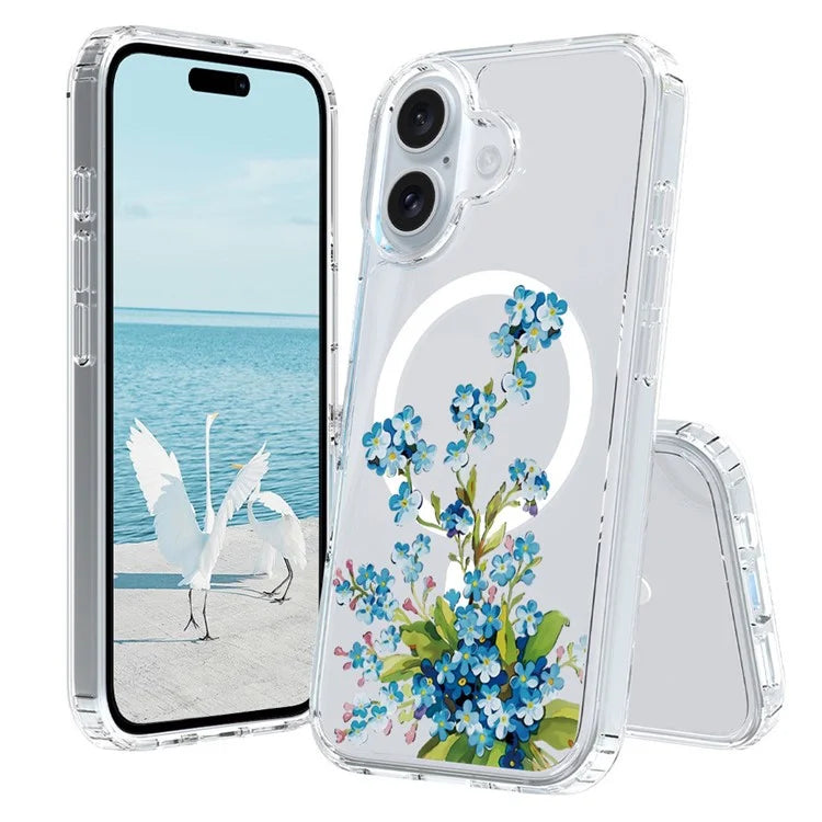 For iPhone 16 Case Compatible with MagSafe Flower Pattern Printing TPU+PC Phone Cover