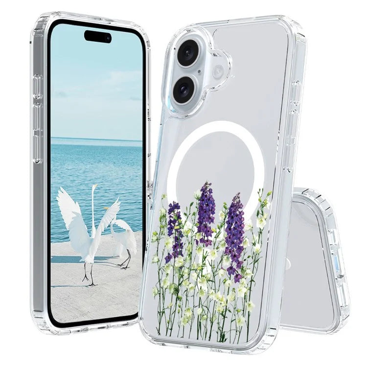 For iPhone 16 Case Compatible with MagSafe Flower Pattern Printing TPU+PC Phone Cover