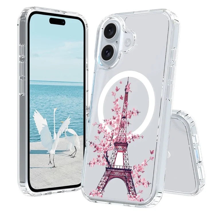 For iPhone 16 Case Compatible with MagSafe Flower Pattern Printing TPU+PC Phone Cover