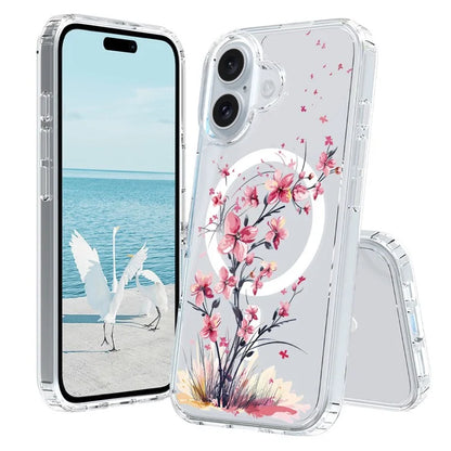 For iPhone 16 Case Compatible with MagSafe Flower Pattern Printing TPU+PC Phone Cover