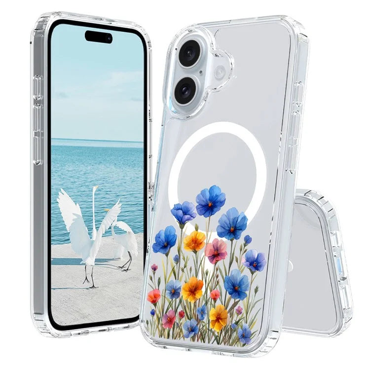 For iPhone 16 Case Compatible with MagSafe Flower Pattern Printing TPU+PC Phone Cover