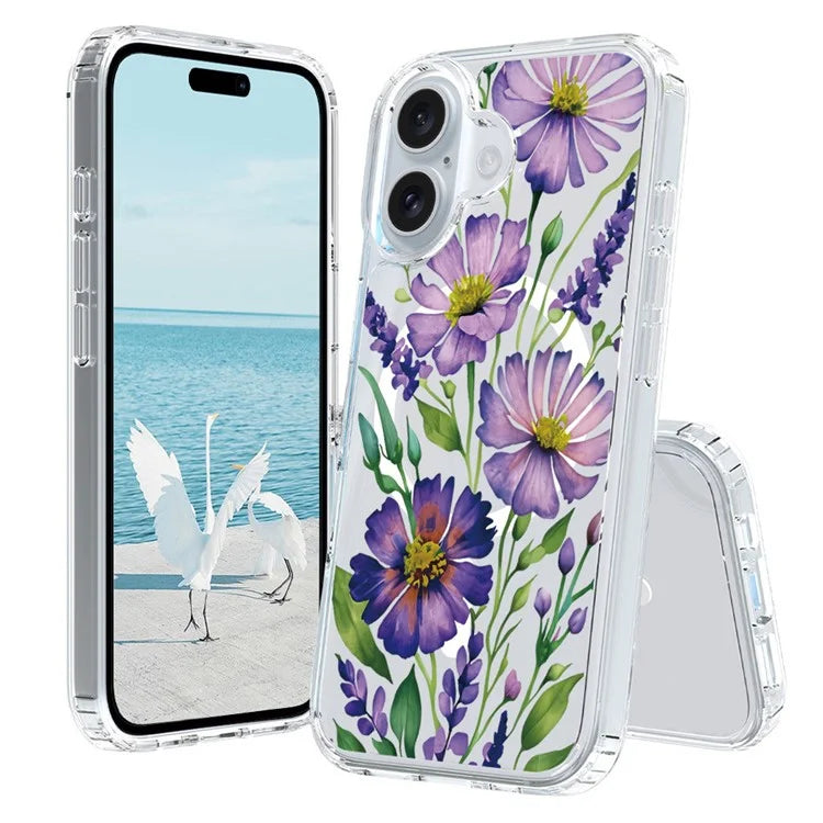 For iPhone 16 Case Compatible with MagSafe Flower Pattern Printing TPU+PC Phone Cover