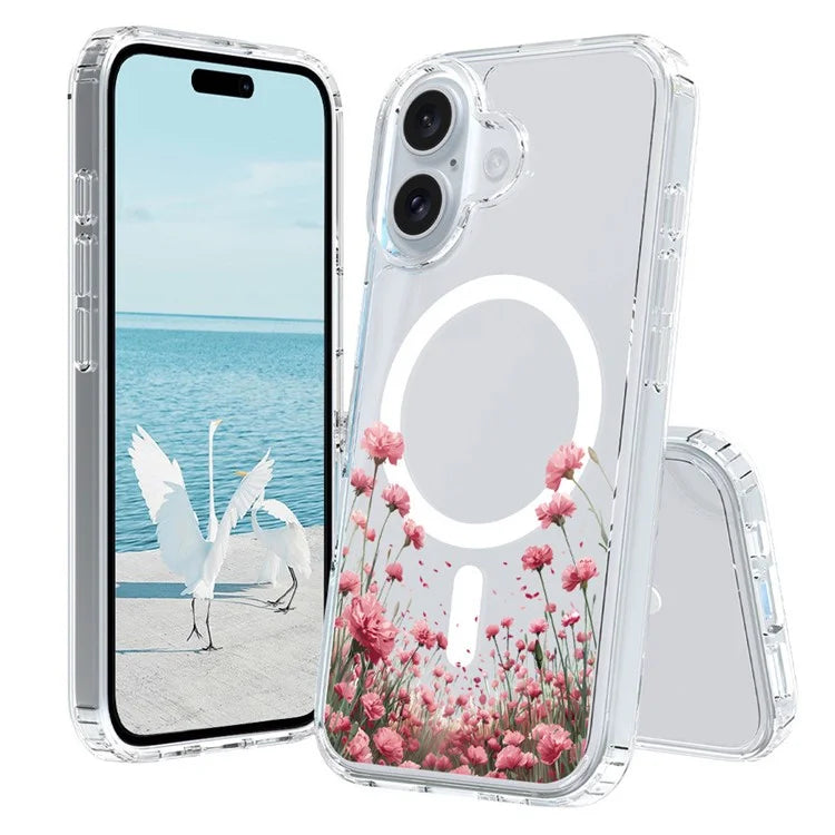 For iPhone 16 Case Compatible with MagSafe Flower Pattern Printing TPU+PC Phone Cover
