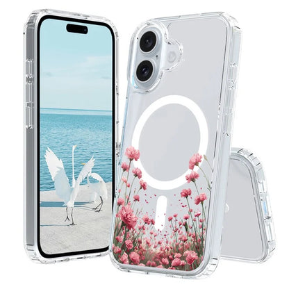 For iPhone 16 Case Compatible with MagSafe Flower Pattern Printing TPU+PC Phone Cover