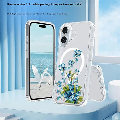 For iPhone 16 Case Compatible with MagSafe Flower Pattern Printing TPU+PC Phone Cover