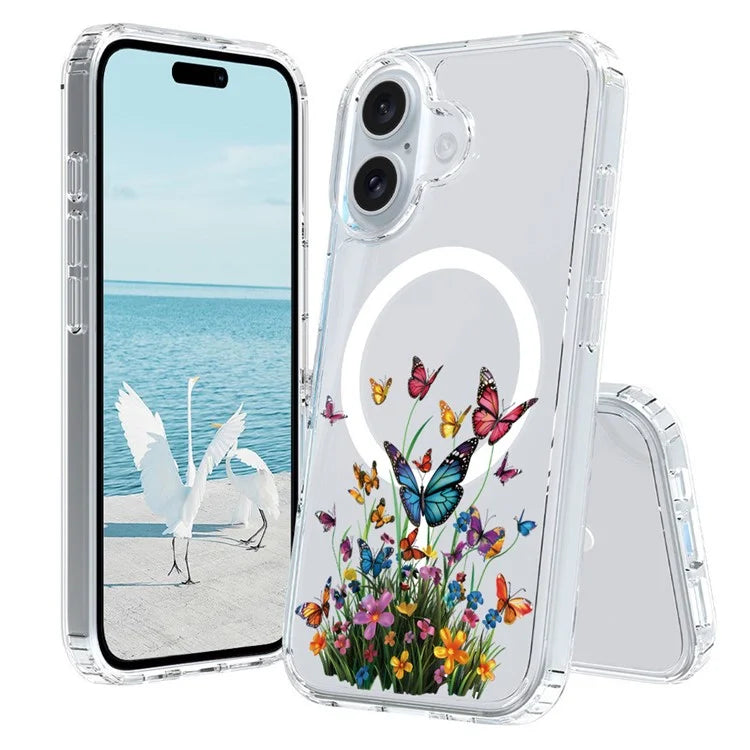 For iPhone 16 Case Compatible with MagSafe Flower Pattern Printing TPU+PC Phone Cover