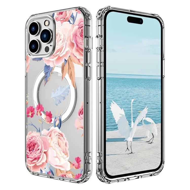 For iPhone 16 Pro Max Case Compatible with MagSafe Flower Pattern Printing TPU+PC Phone Cover