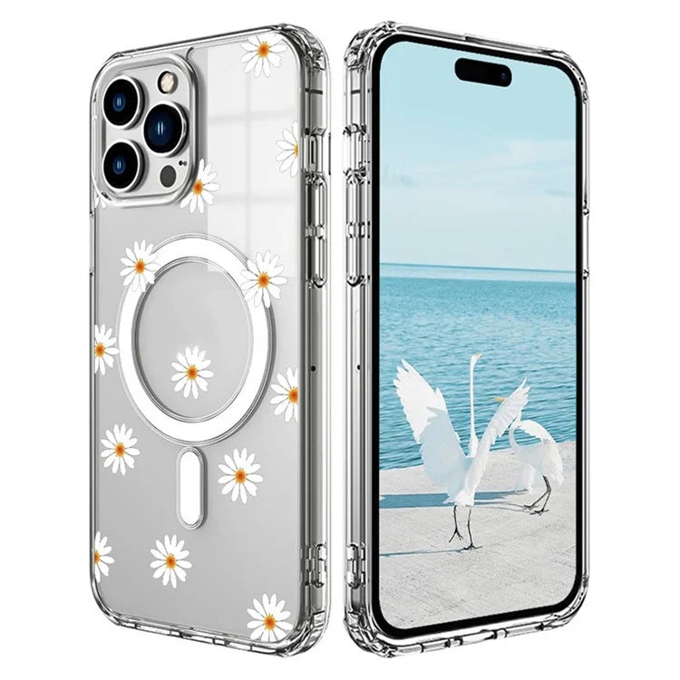 For iPhone 16 Pro Max Case Compatible with MagSafe Flower Pattern Printing TPU+PC Phone Cover