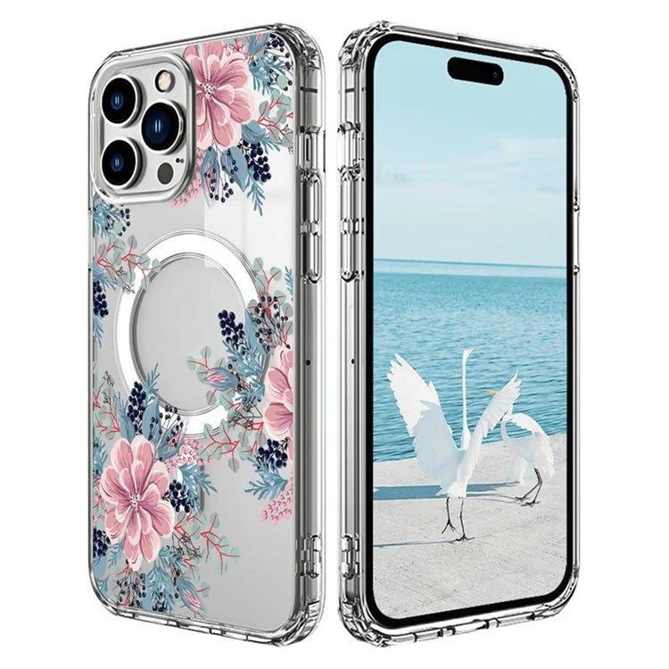 For iPhone 16 Pro Max Case Compatible with MagSafe Flower Pattern Printing TPU+PC Phone Cover