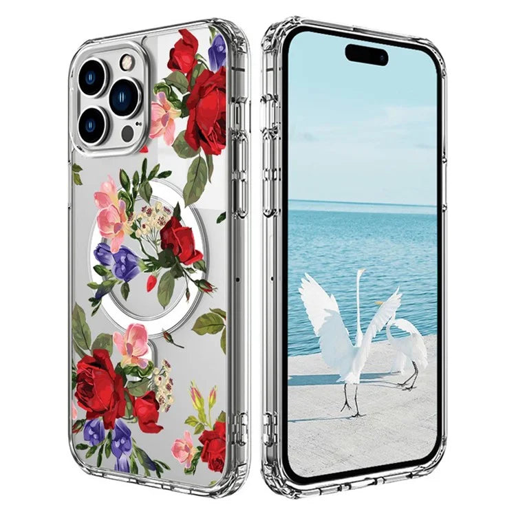 For iPhone 16 Pro Max Case Compatible with MagSafe Flower Pattern Printing TPU+PC Phone Cover