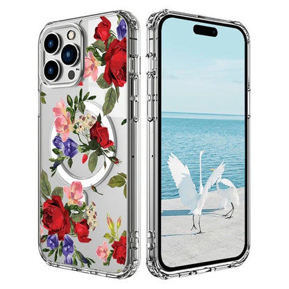 For iPhone 16 Pro Max Case Compatible with MagSafe Flower Pattern Printing TPU+PC Phone Cover