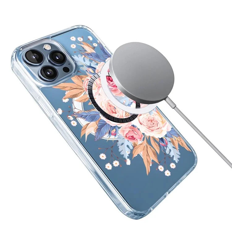 For iPhone 16 Pro Max Case Compatible with MagSafe Flower Pattern Printing TPU+PC Phone Cover