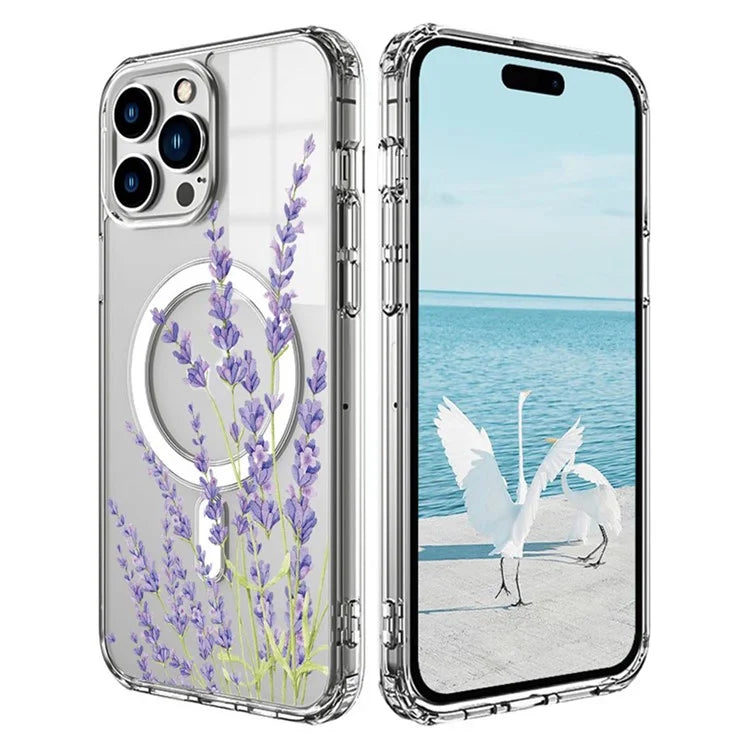 For iPhone 16 Pro Max Case Compatible with MagSafe Flower Pattern Printing TPU+PC Phone Cover