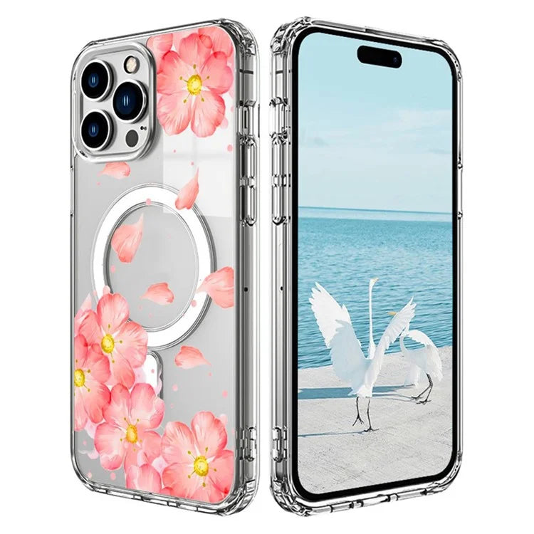 For iPhone 16 Pro Max Case Compatible with MagSafe Flower Pattern Printing TPU+PC Phone Cover