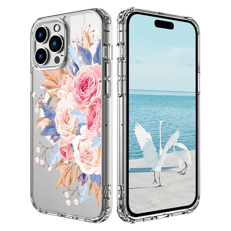 For iPhone 16 Pro Max Case Compatible with MagSafe Flower Pattern Printing TPU+PC Phone Cover