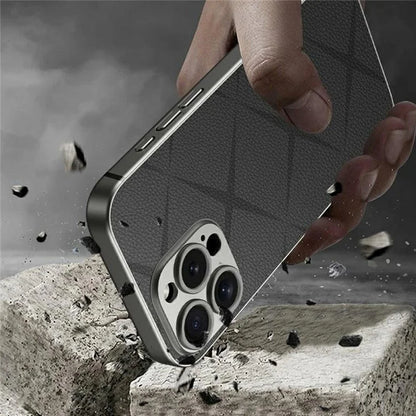 GKK For iPhone 16 Pro Max Case Textured PU Leather Covered TPU+PC Anti-Fingerprint Phone Cover