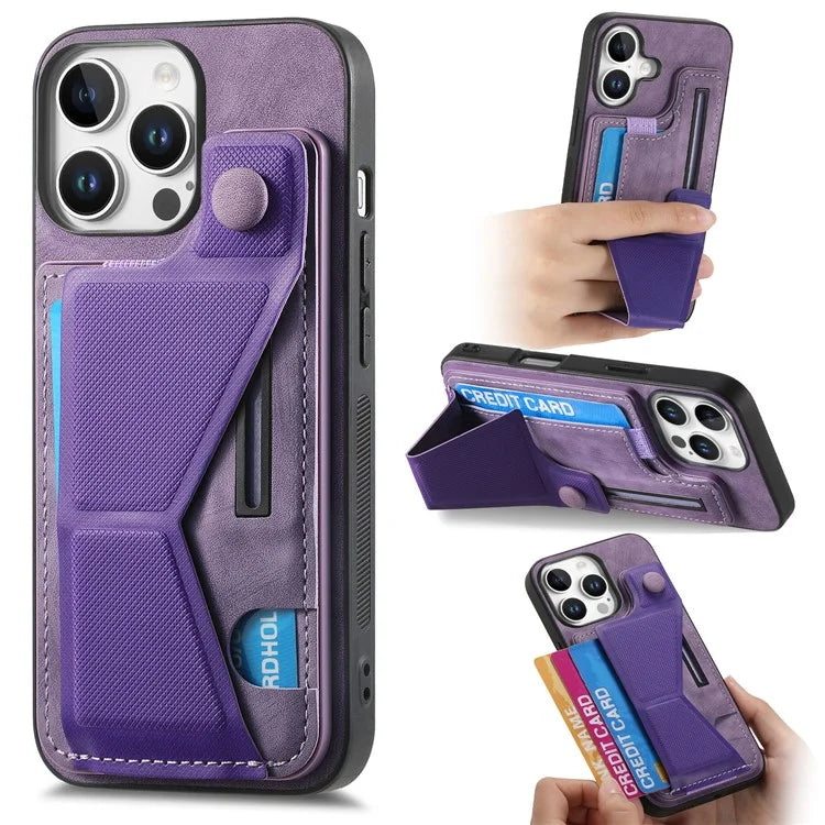 For iPhone 16 Pro Case Retro Leather Back Cover Card Slot Side Kickstand