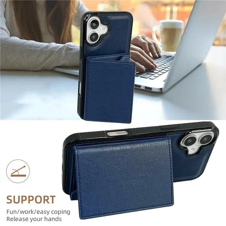 For iPhone 16 Case Card Bag Kickstand TPU+PU Phone Cover