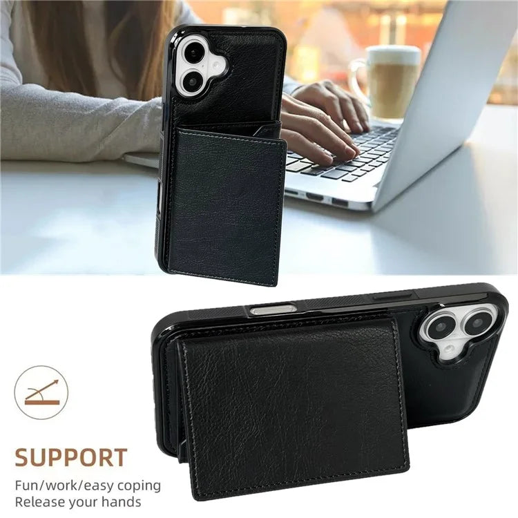 For iPhone 16 Case Card Bag Kickstand TPU+PU Phone Cover