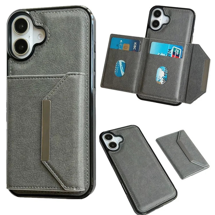 For iPhone 16 Case Card Bag Kickstand TPU+PU Phone Cover