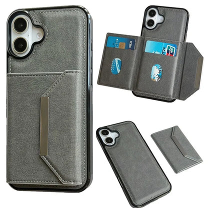 For iPhone 16 Case Card Bag Kickstand TPU+PU Phone Cover