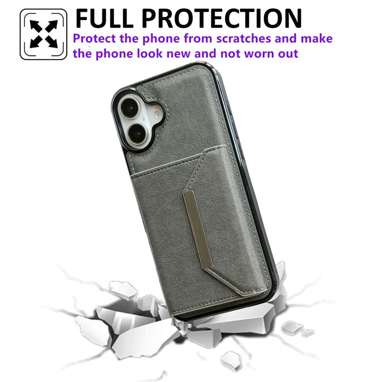 For iPhone 16 Case Card Bag Kickstand TPU+PU Phone Cover