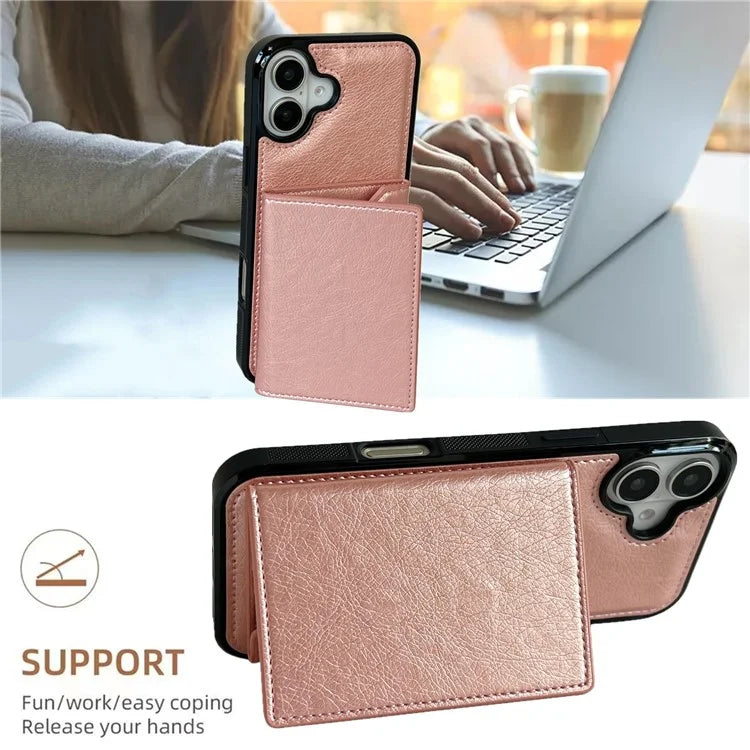 For iPhone 16 Case Card Bag Kickstand TPU+PU Phone Cover