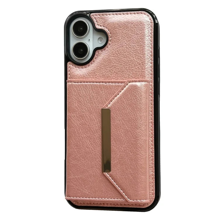 For iPhone 16 Case Card Bag Kickstand TPU+PU Phone Cover