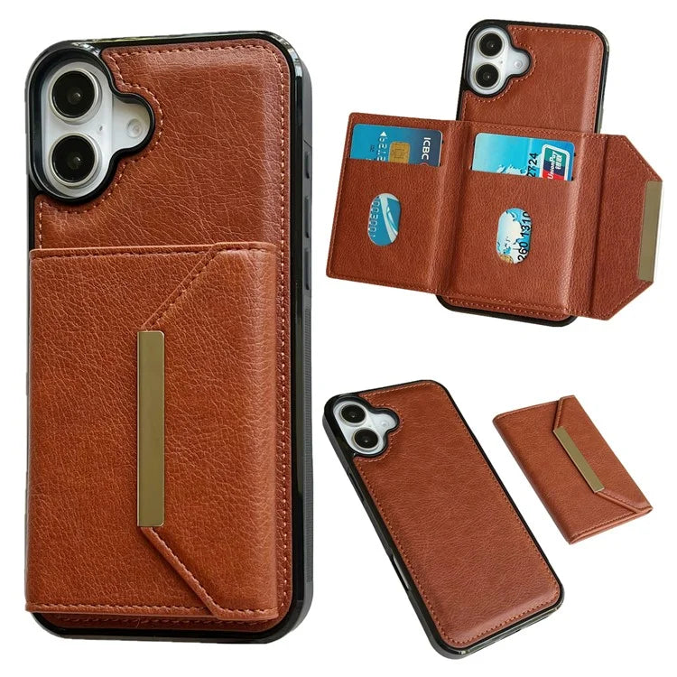 For iPhone 16 Case Card Bag Kickstand TPU+PU Phone Cover