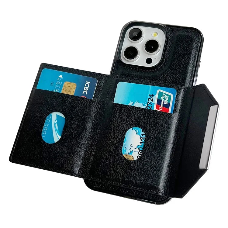 For iPhone 16 Pro Case Card Bag Kickstand TPU+PU Phone Cover