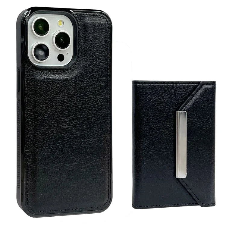 For iPhone 16 Pro Case Card Bag Kickstand TPU+PU Phone Cover