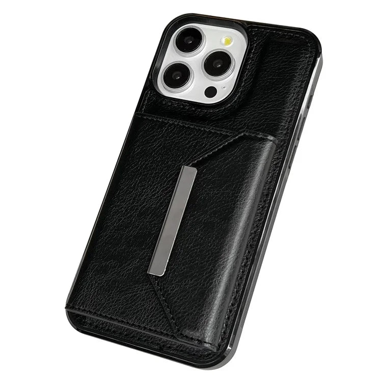 For iPhone 16 Pro Case Card Bag Kickstand TPU+PU Phone Cover