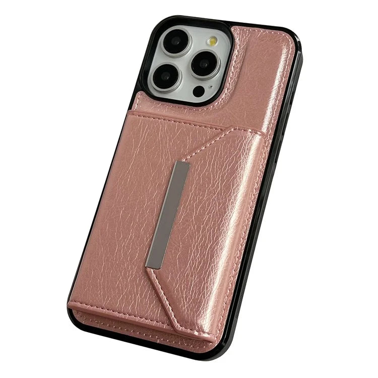 For iPhone 16 Pro Case Card Bag Kickstand TPU+PU Phone Cover