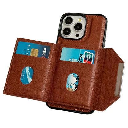 For iPhone 16 Pro Case Card Bag Kickstand TPU+PU Phone Cover