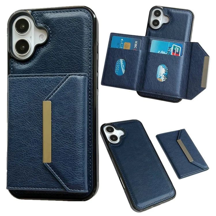For iPhone 16 Plus Case Card Bag Kickstand TPU+PU Phone Cover