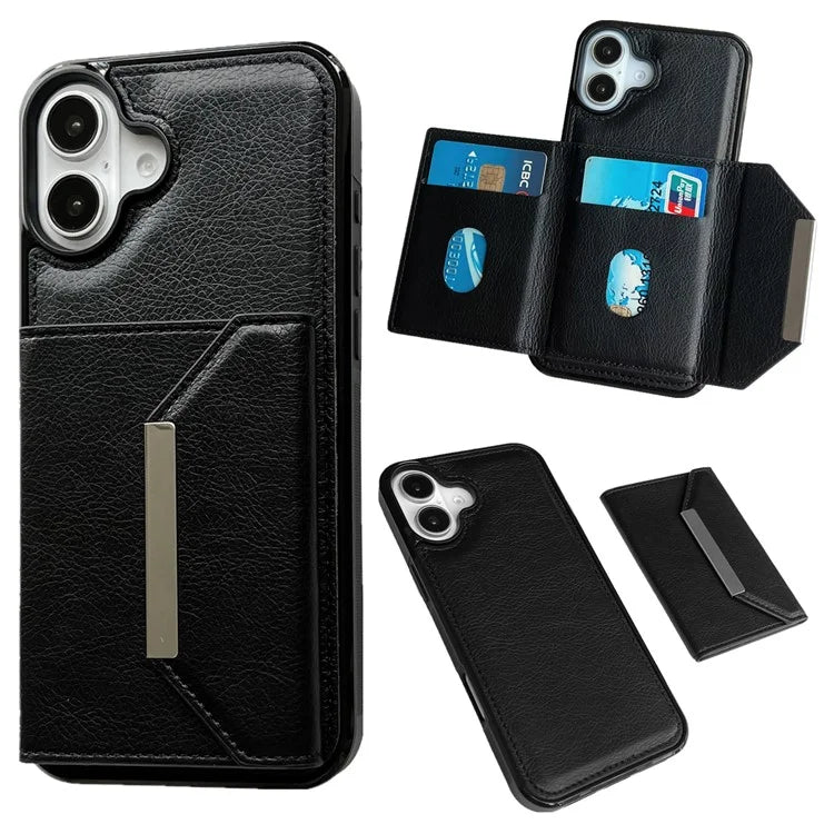For iPhone 16 Plus Case Card Bag Kickstand TPU+PU Phone Cover