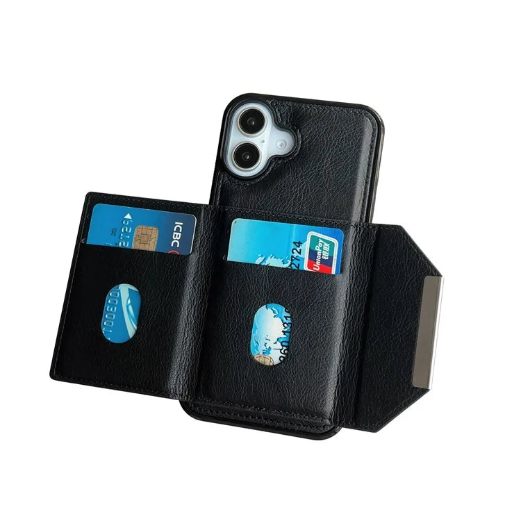 For iPhone 16 Plus Case Card Bag Kickstand TPU+PU Phone Cover