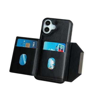 For iPhone 16 Plus Case Card Bag Kickstand TPU+PU Phone Cover
