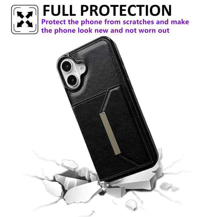 For iPhone 16 Plus Case Card Bag Kickstand TPU+PU Phone Cover