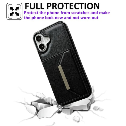 For iPhone 16 Plus Case Card Bag Kickstand TPU+PU Phone Cover