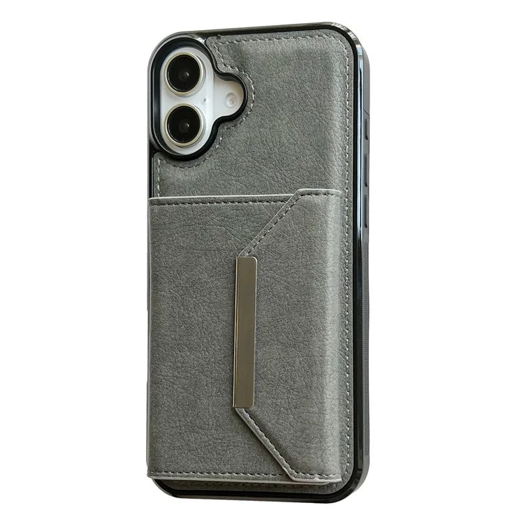 For iPhone 16 Plus Case Card Bag Kickstand TPU+PU Phone Cover