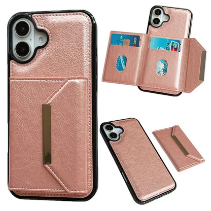 For iPhone 16 Plus Case Card Bag Kickstand TPU+PU Phone Cover