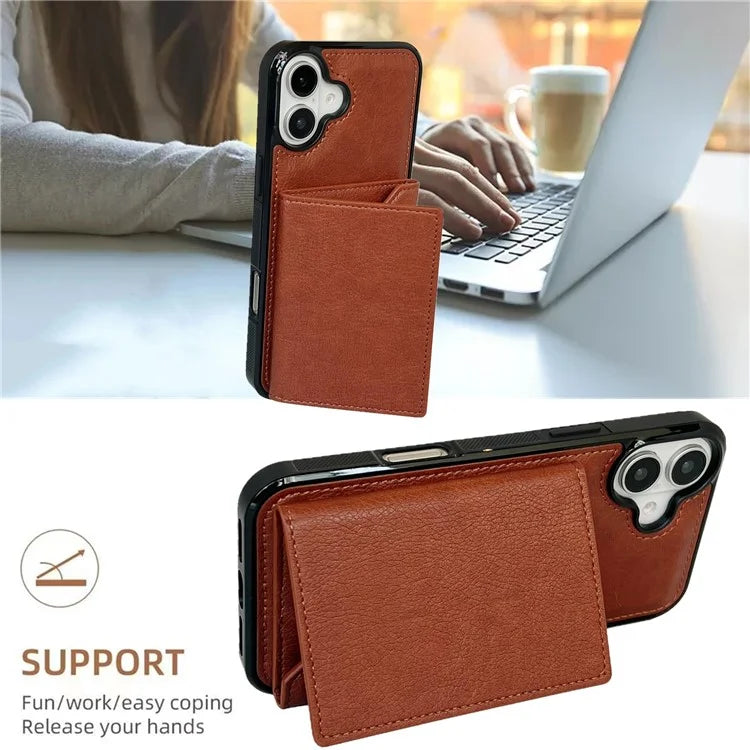 For iPhone 16 Plus Case Card Bag Kickstand TPU+PU Phone Cover