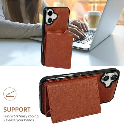 For iPhone 16 Plus Case Card Bag Kickstand TPU+PU Phone Cover