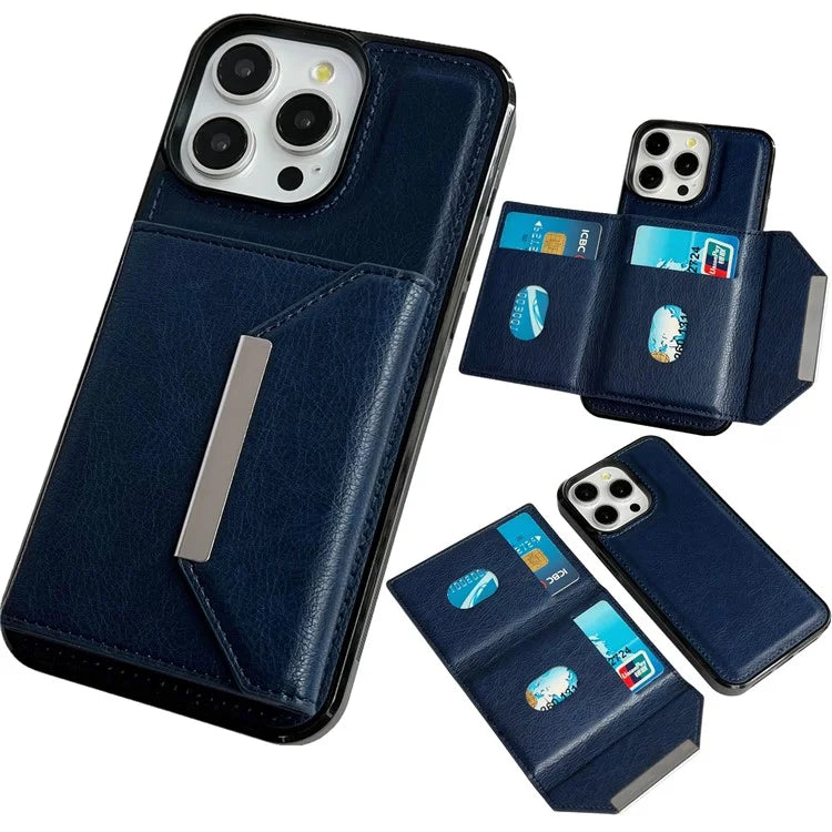 For iPhone 16 Pro Max Case Card Bag Kickstand TPU+PU Phone Cover